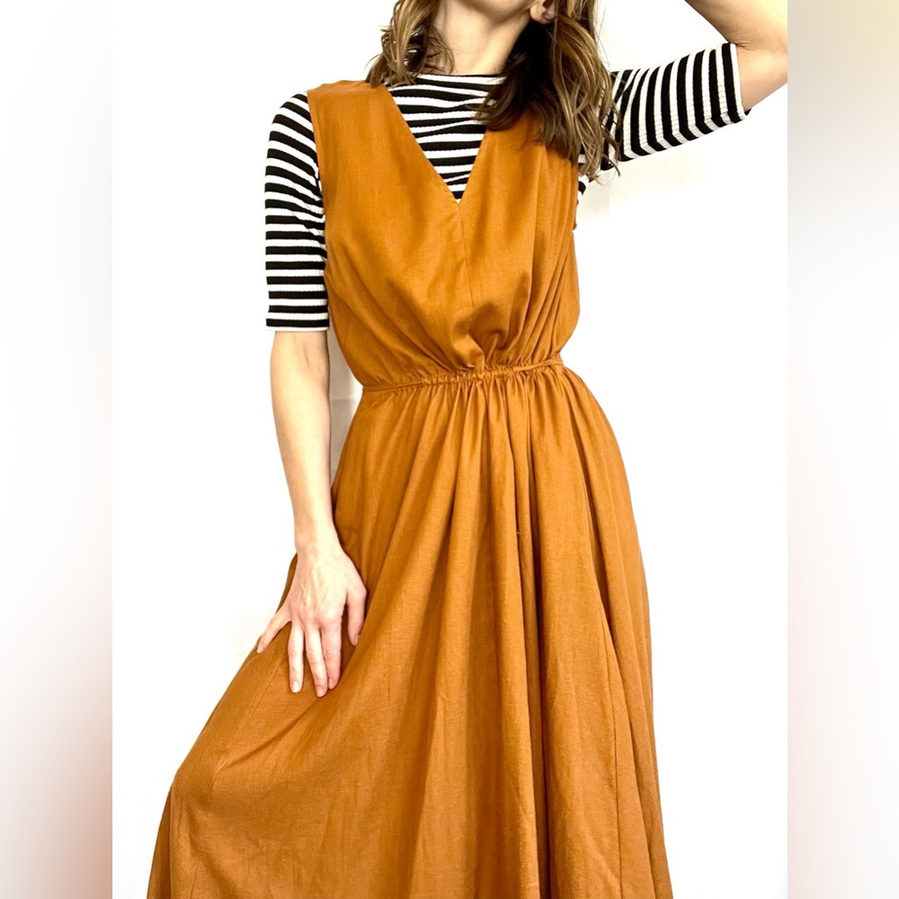 Cotton linen blend v-neck cinch a-line orange midi dress size small